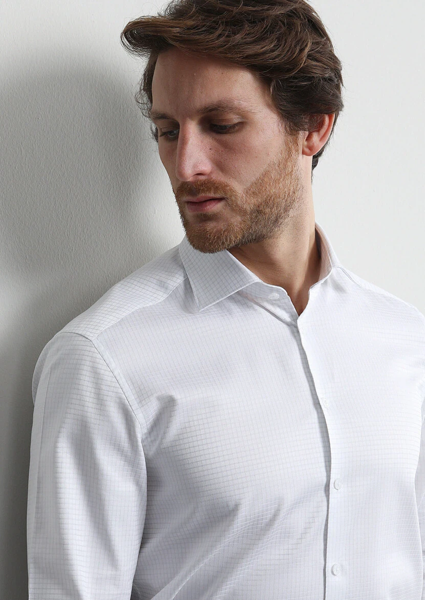White Regular Fit Weaving Classical 100% Cotton Shirt - 1