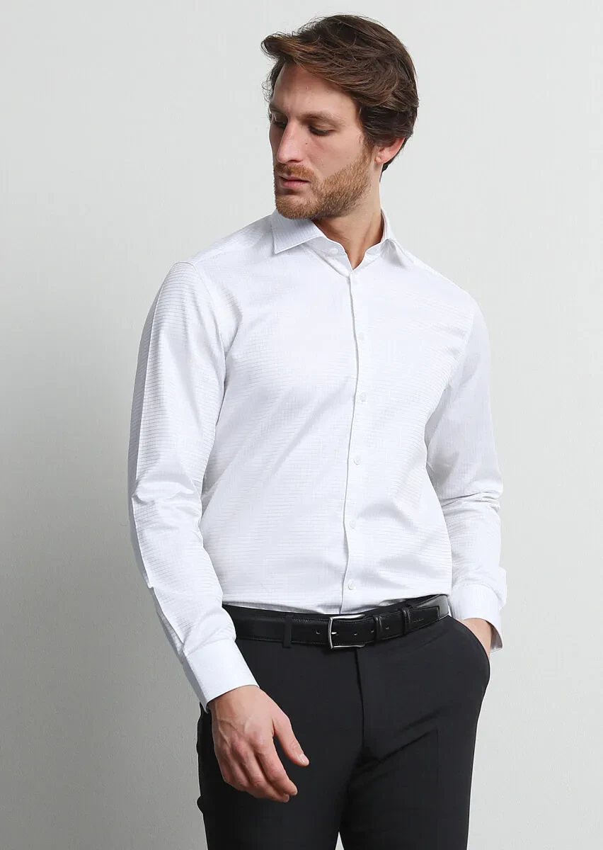 White Regular Fit Weaving Classical 100% Cotton Shirt - 3
