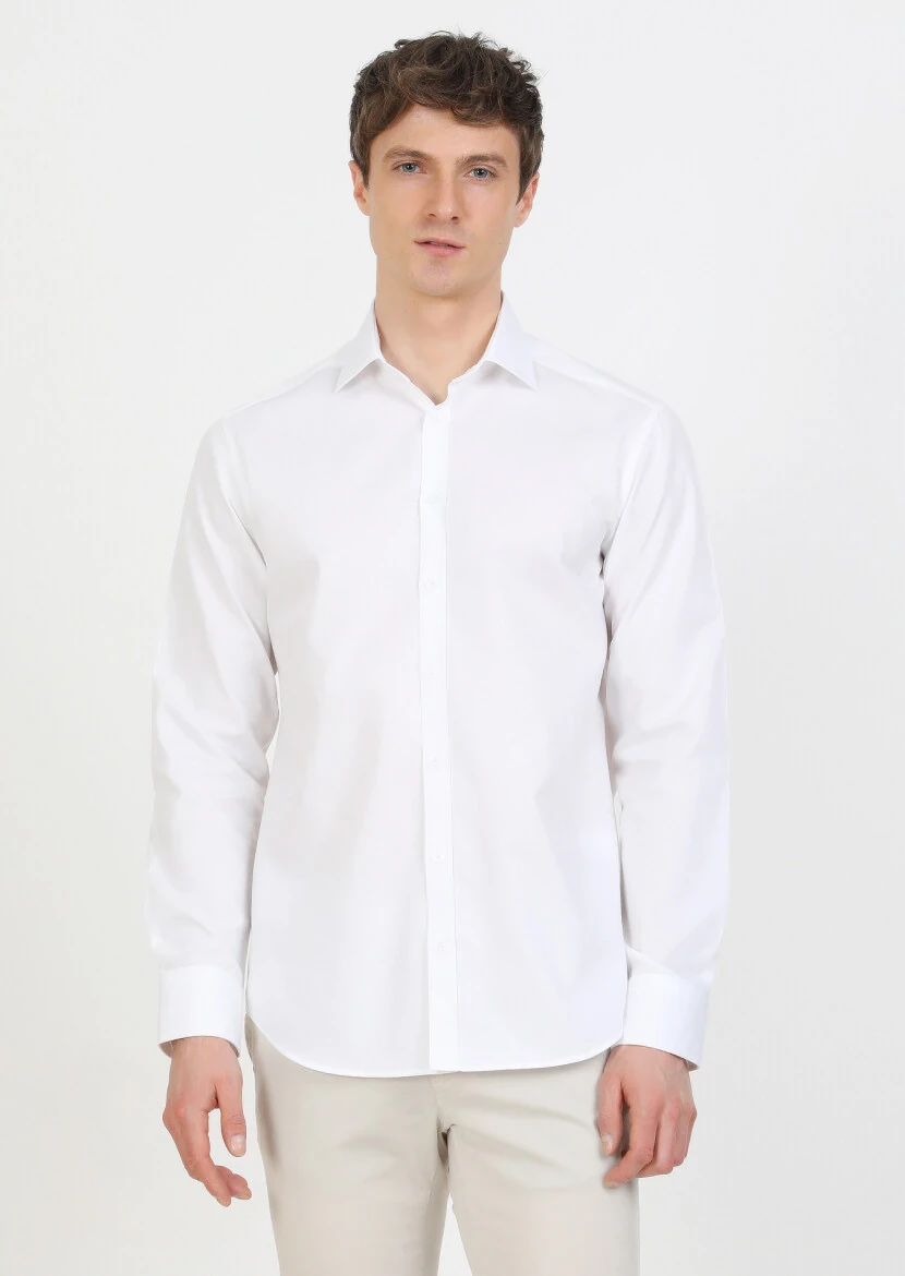 White Regular Fit Weaving Classical 100% Cotton Shirt - 2