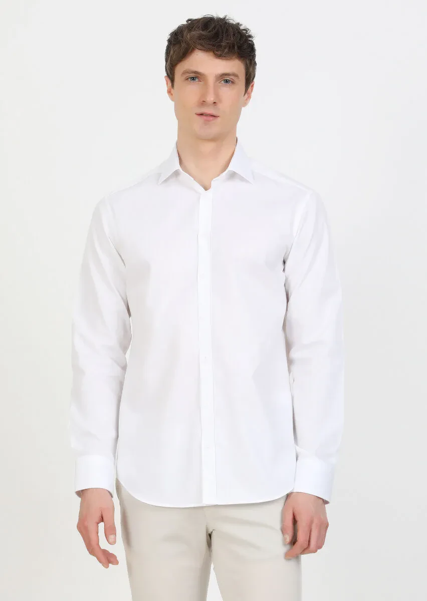 White Regular Fit Weaving Classical 100% Cotton Shirt - 2