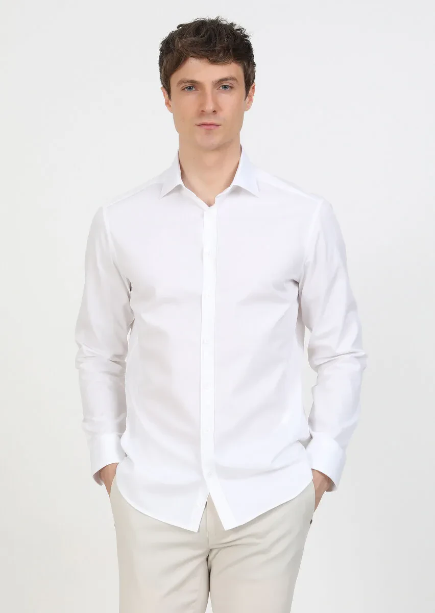 White Regular Fit Weaving Classical 100% Cotton Shirt - 3
