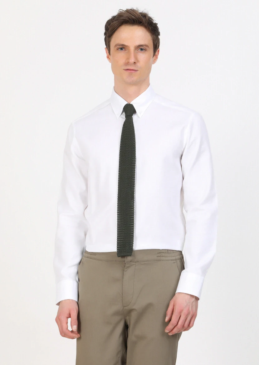 White Regular Fit Weaving Classical 100% Cotton Shirt - 1