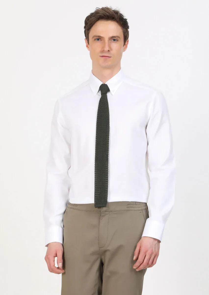 White Regular Fit Weaving Classical 100% Cotton Shirt - 1