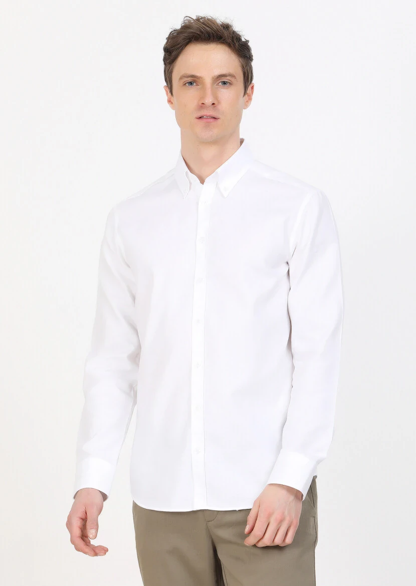 White Regular Fit Weaving Classical 100% Cotton Shirt - 2