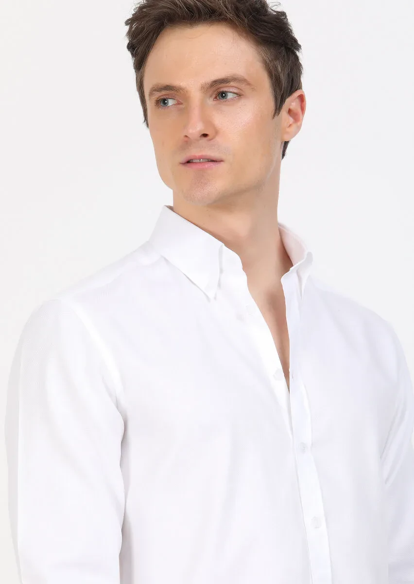 White Regular Fit Weaving Classical 100% Cotton Shirt - 3