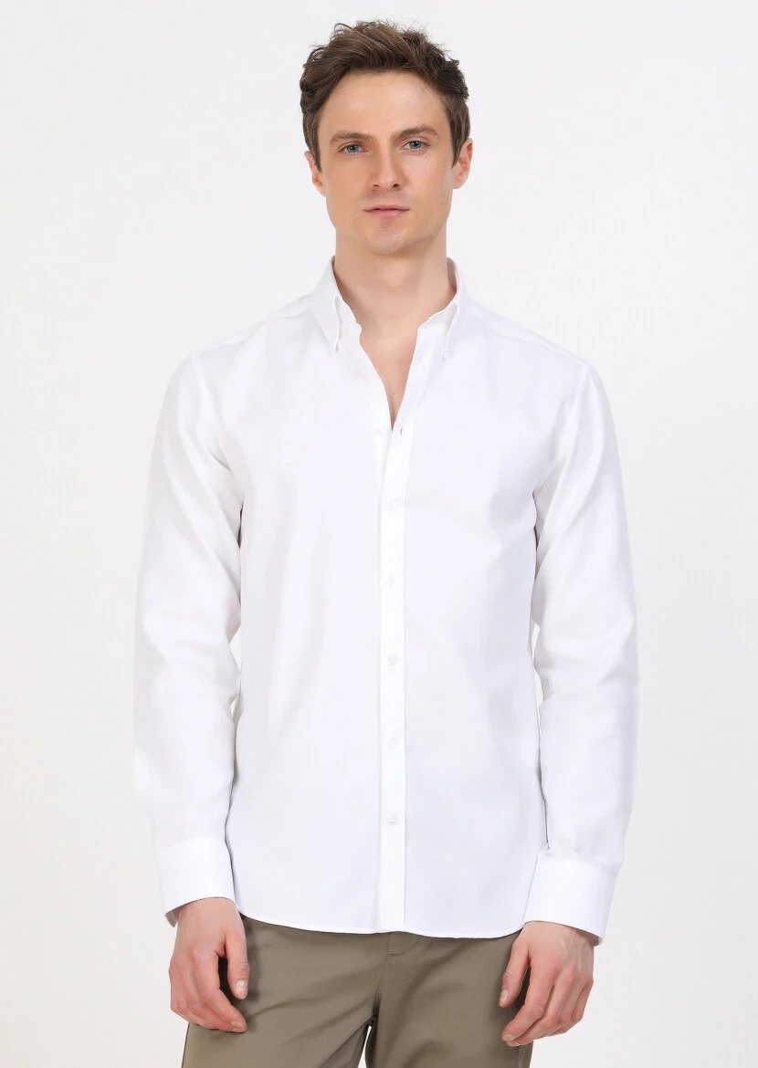 White Regular Fit Weaving Classical 100% Cotton Shirt - 4