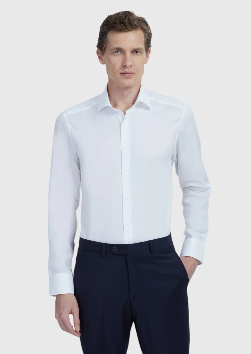 White Regular Fit Weaving Classical 100% Cotton Shirt - RAMSEY