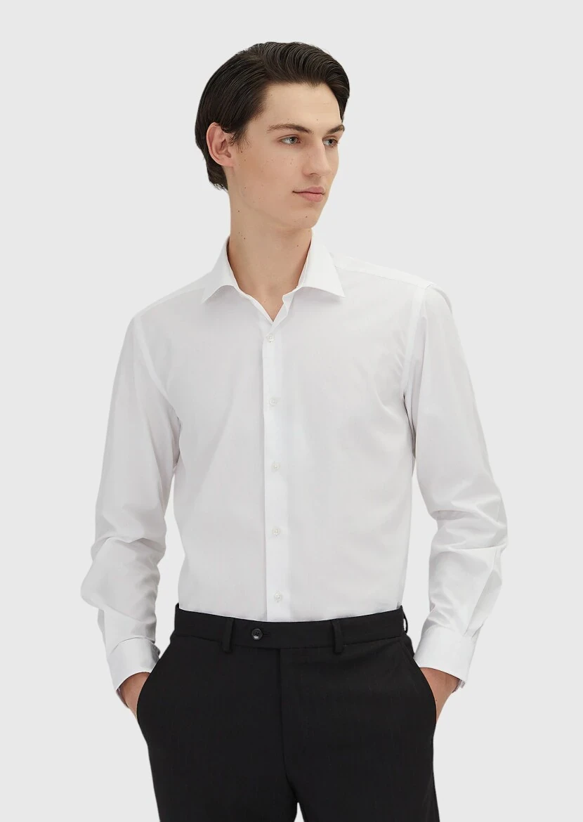 White Regular Fit Weaving Classical 100% Cotton Shirt - 1