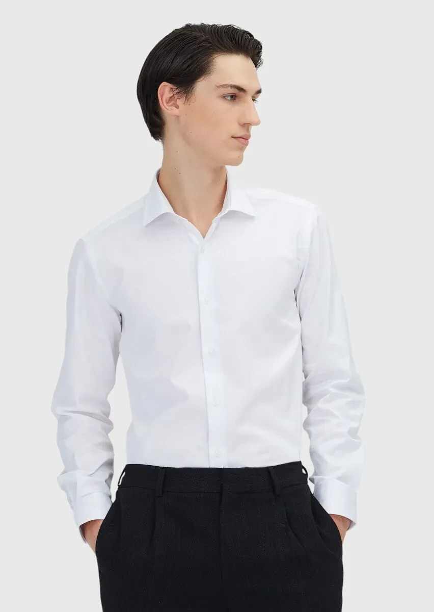 White Regular Fit Weaving Classical 100% Cotton Shirt - 1