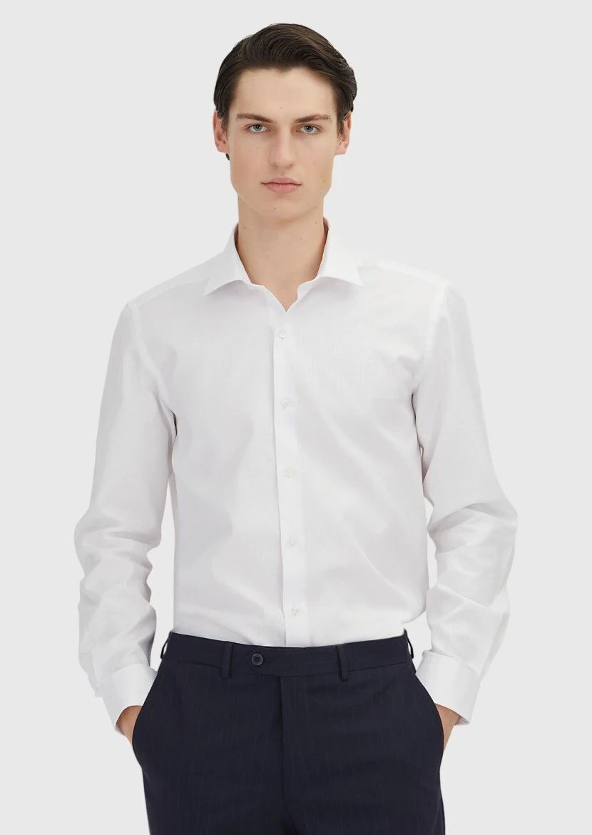 White Regular Fit Weaving Classical 100% Cotton Shirt - 1