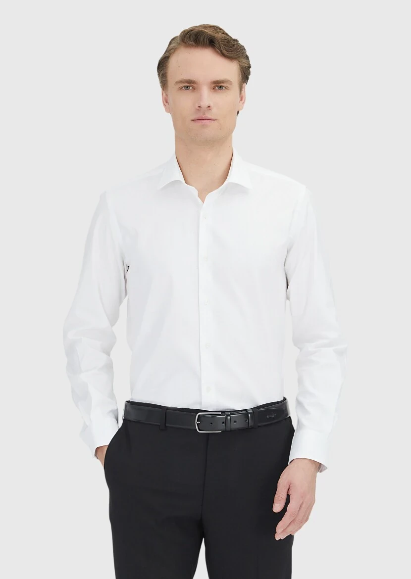 White Regular Fit Weaving Classical 100% Cotton Shirt - 1