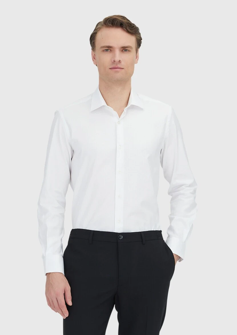 White Regular Fit Weaving Classical 100% Cotton Shirt - 1
