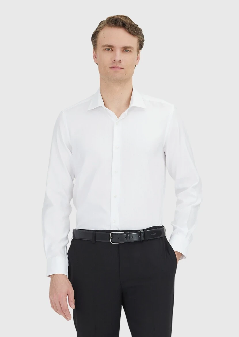 White Regular Fit Weaving Classical 100% Cotton Shirt - RAMSEY