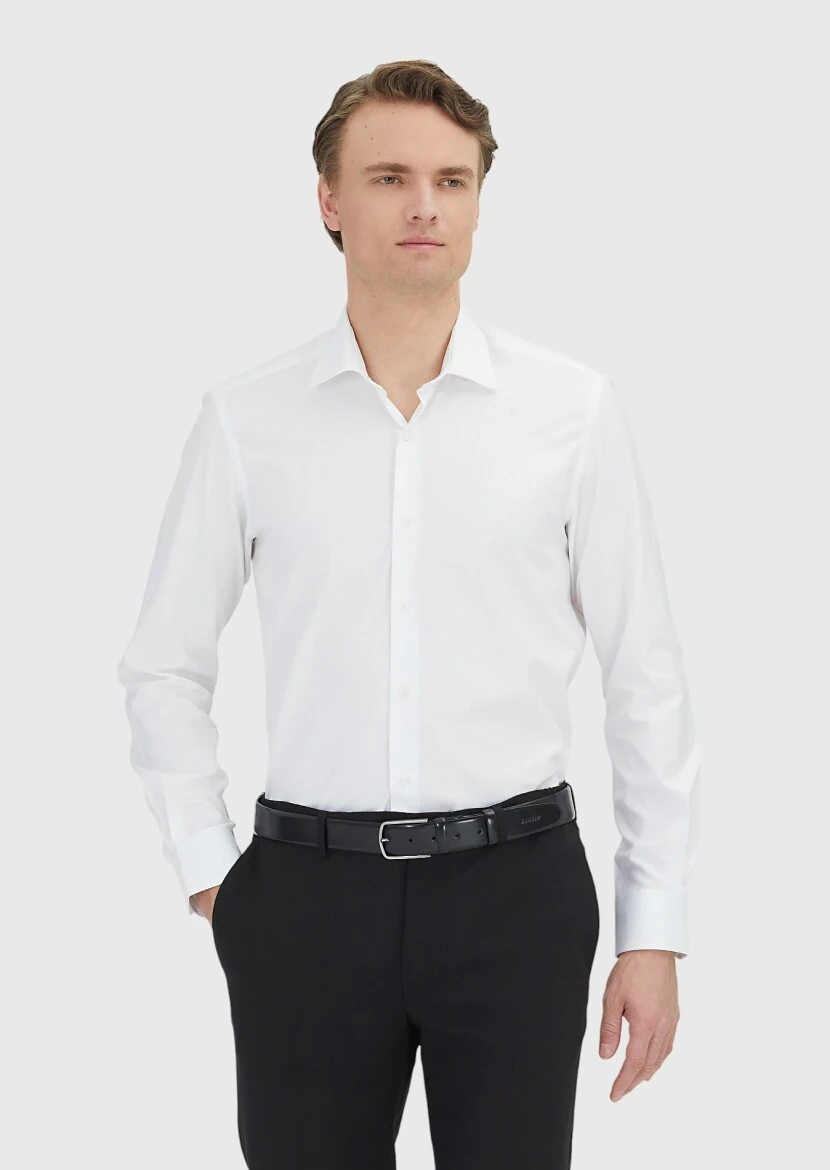 White Regular Fit Weaving Classical 100% Cotton Shirt - 1