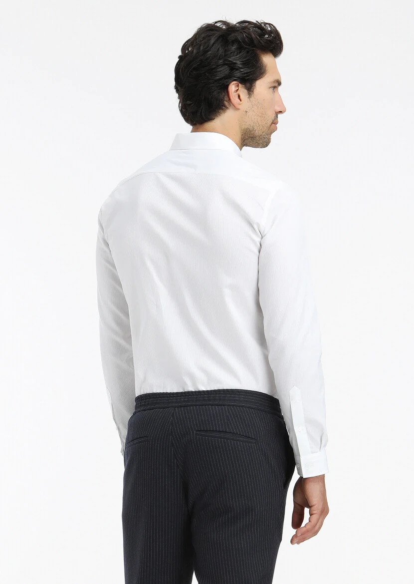 White Ribbed Regular Fit Weaving Casual 100% Cotton Shirt - 5