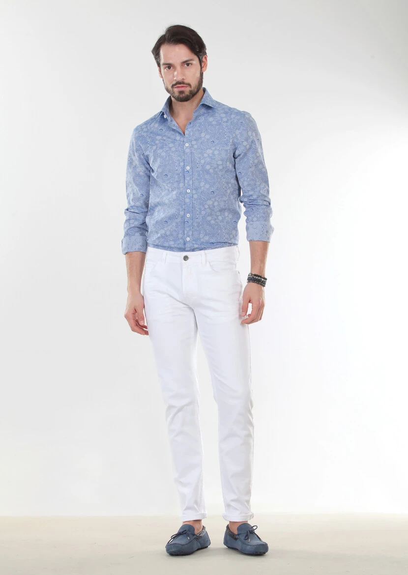 White Slim Fit Denim Cotton Blended Trousers - 1