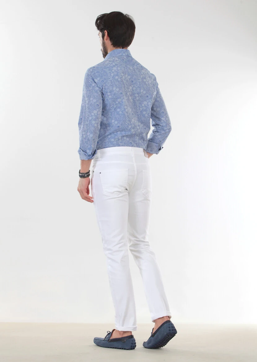 White Slim Fit Denim Cotton Blended Trousers - 2
