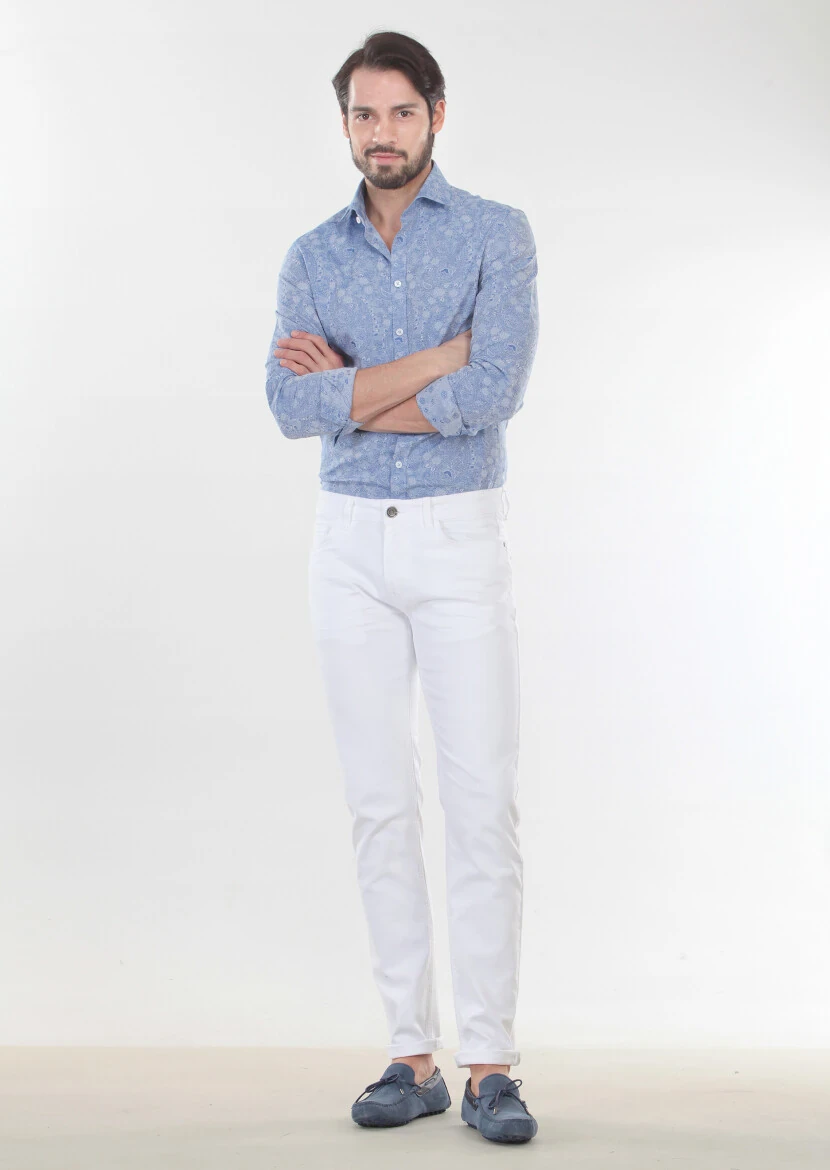 White Slim Fit Denim Cotton Blended Trousers - 3