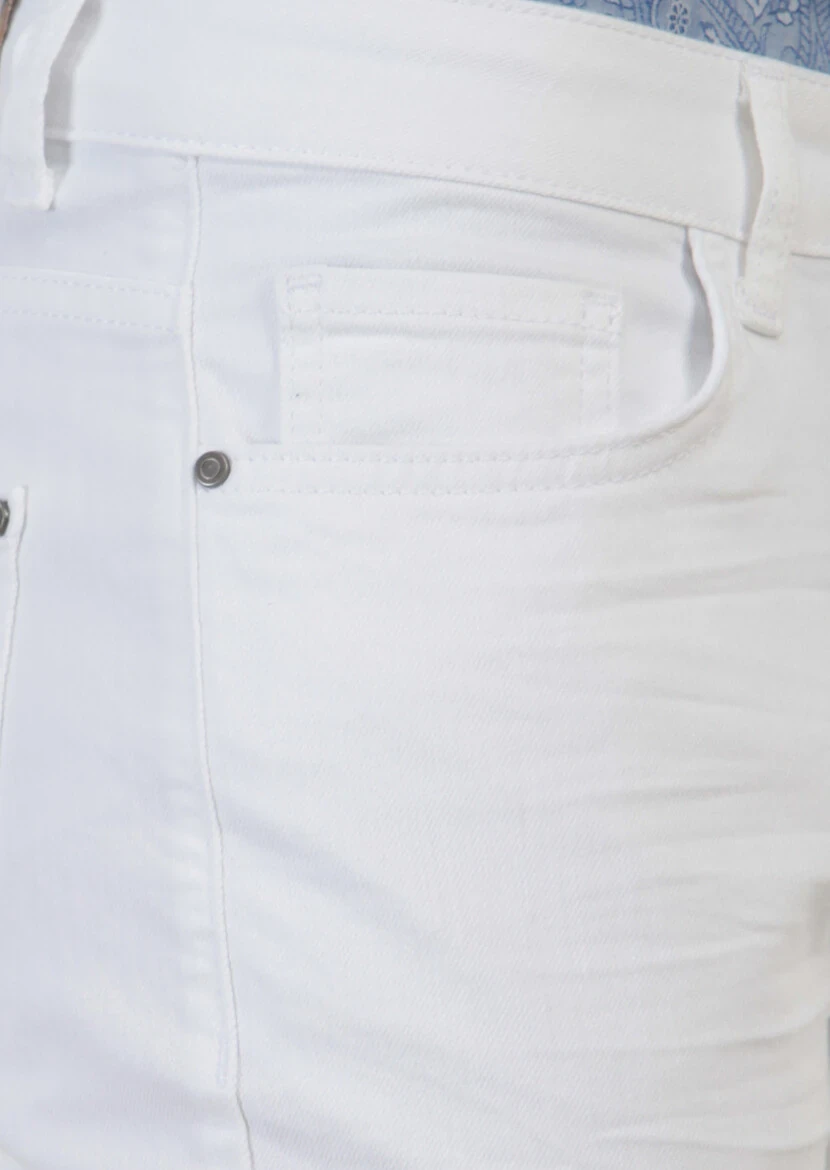 White Slim Fit Denim Cotton Blended Trousers - 4