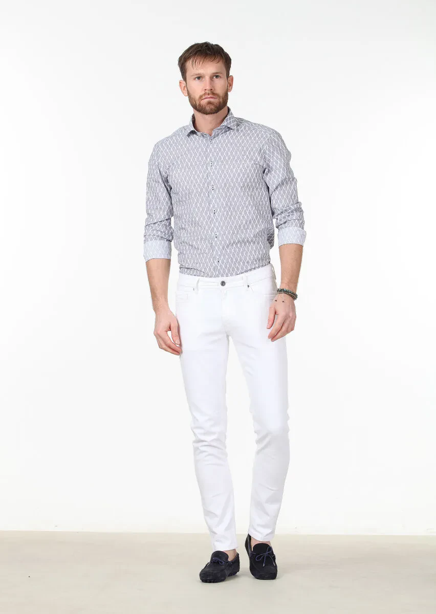 White Slim Fit Denim Cotton Blended Trousers - 2
