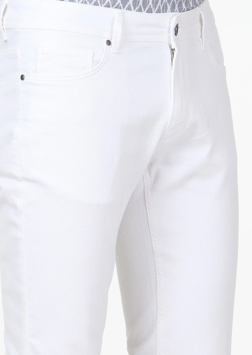 White Slim Fit Denim Cotton Blended Trousers - 3