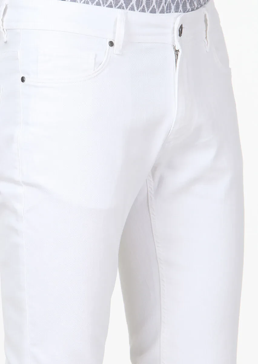 White Slim Fit Denim Cotton Blended Trousers - 3