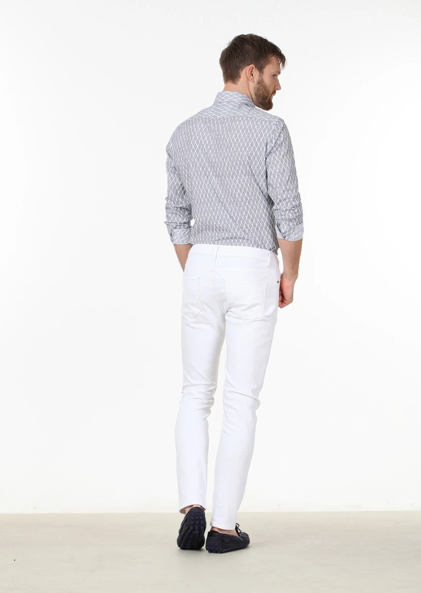 White Slim Fit Denim Cotton Blended Trousers - 4