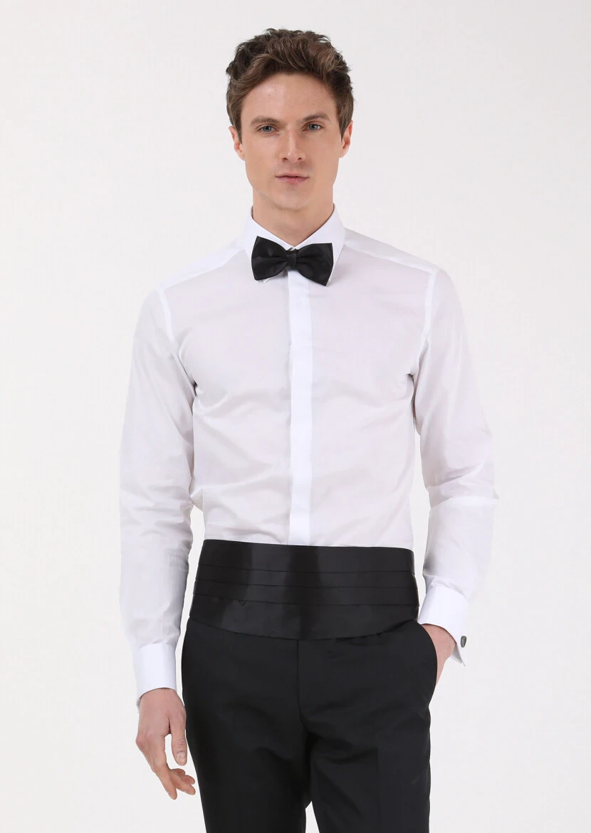 White Slim Fit Double Cuff Pointed Collar Tuxedo Shirts - RAMSEY