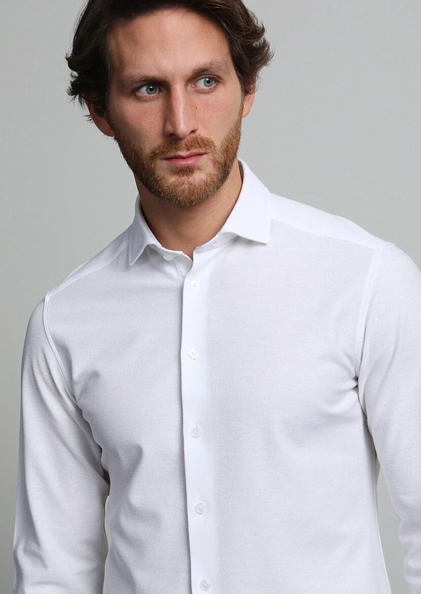 White Slim Fit Knitting Casual 100% Cotton Shirt 
