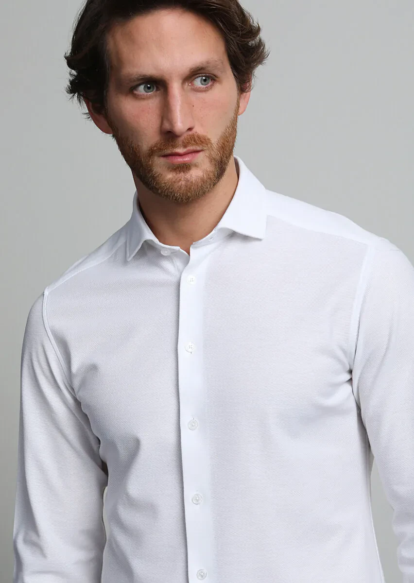 White Slim Fit Knitting Casual 100% Cotton Shirt - 2