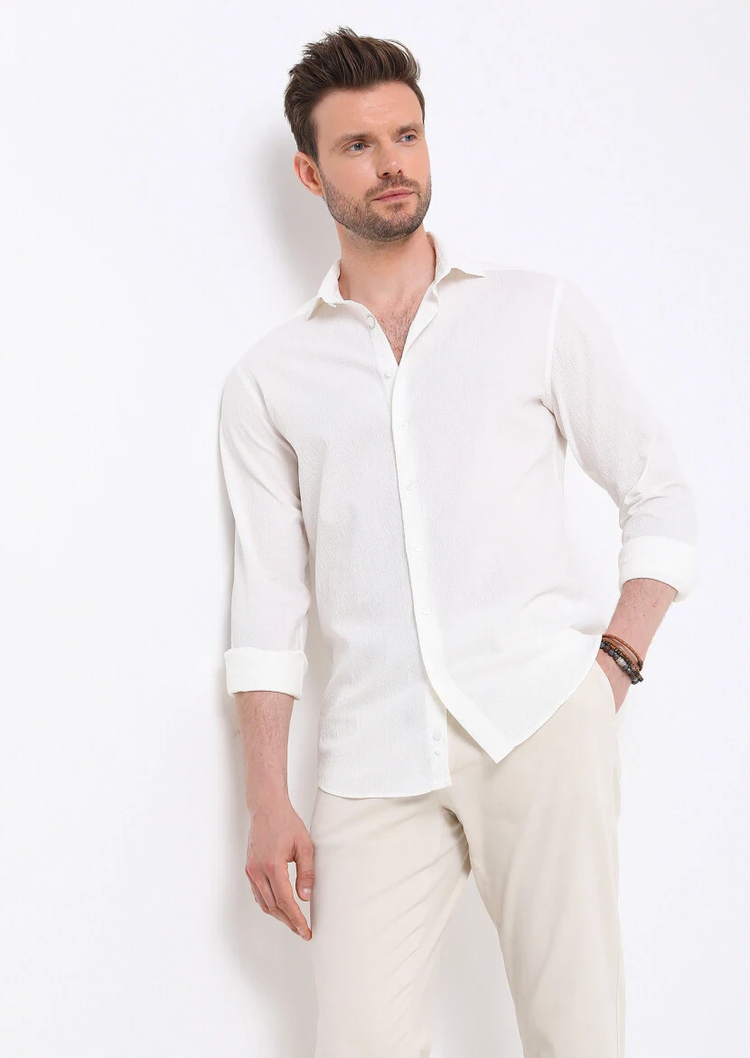 White Slim Fit Weaving Casual Cotton Blended Shirt - 1