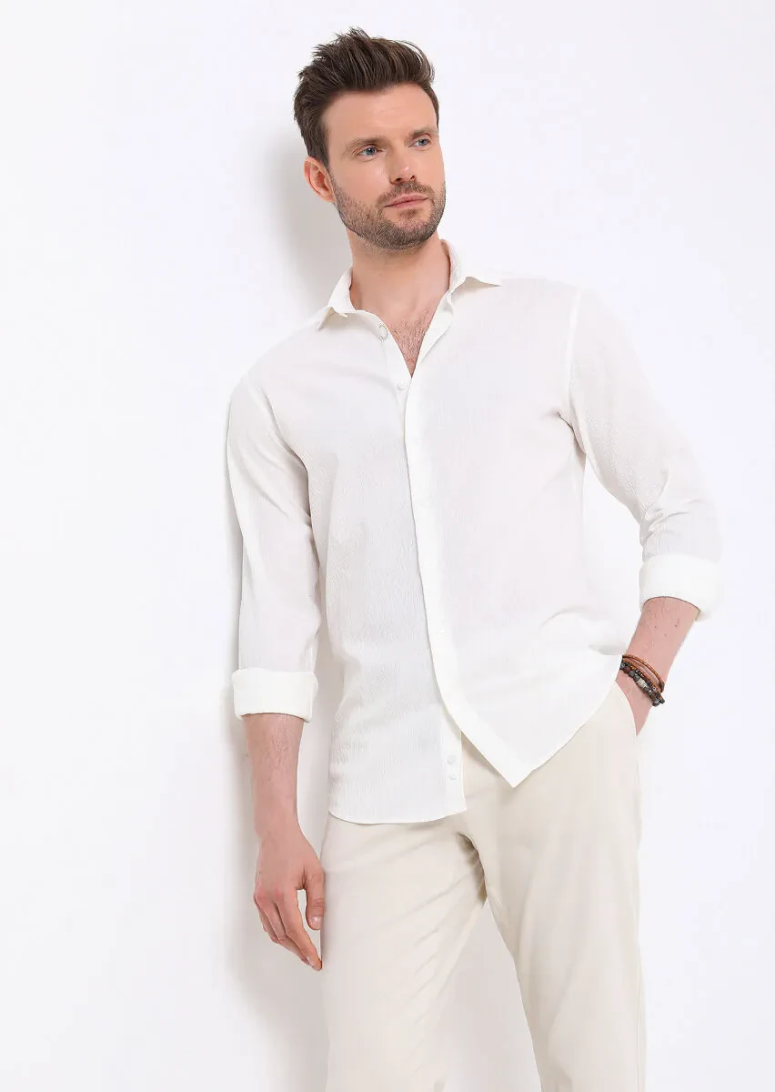 White Slim Fit Weaving Casual Cotton Blended Shirt - 1