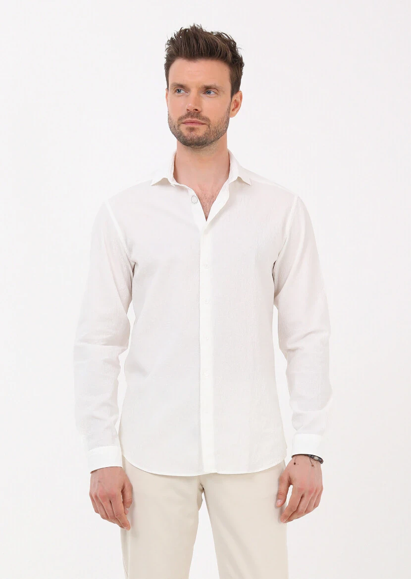 White Slim Fit Weaving Casual Cotton Blended Shirt - 3