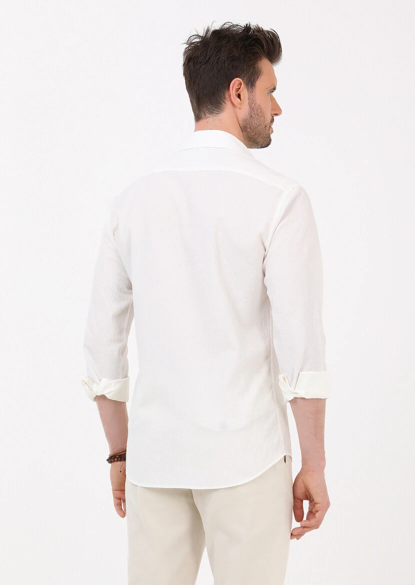 White Slim Fit Weaving Casual Cotton Blended Shirt - 5