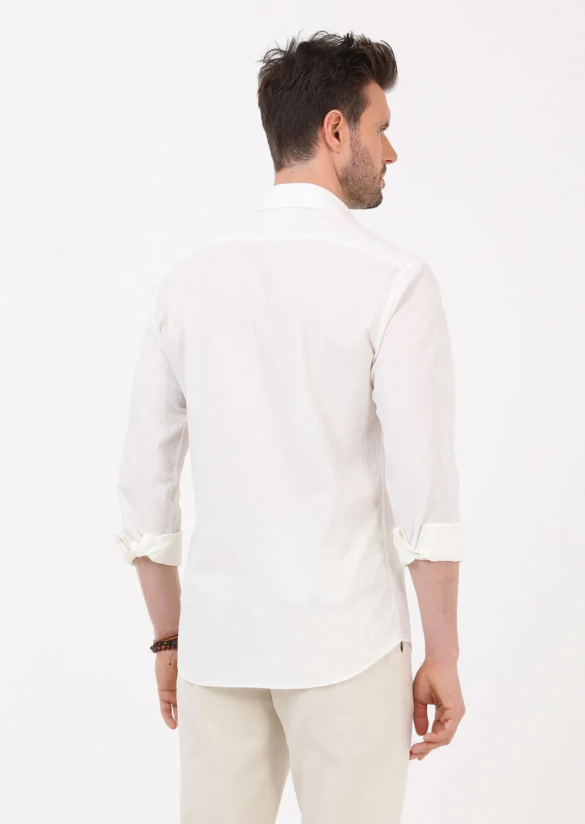 White Slim Fit Weaving Casual Cotton Blended Shirt - 5