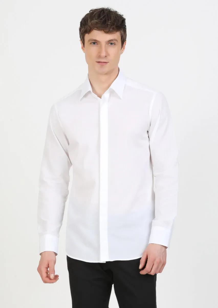 White Slim Fit Weaving Classical 100% Cotton Shirt - 1