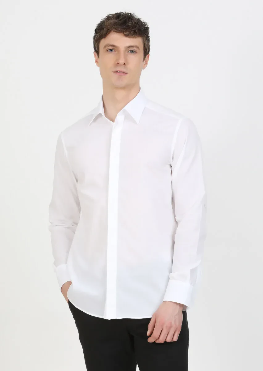 White Slim Fit Weaving Classical 100% Cotton Shirt - 2