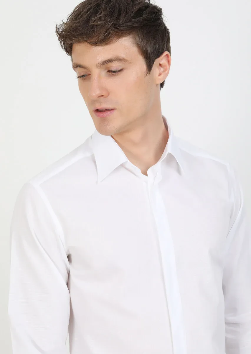 White Slim Fit Weaving Classical 100% Cotton Shirt - 3