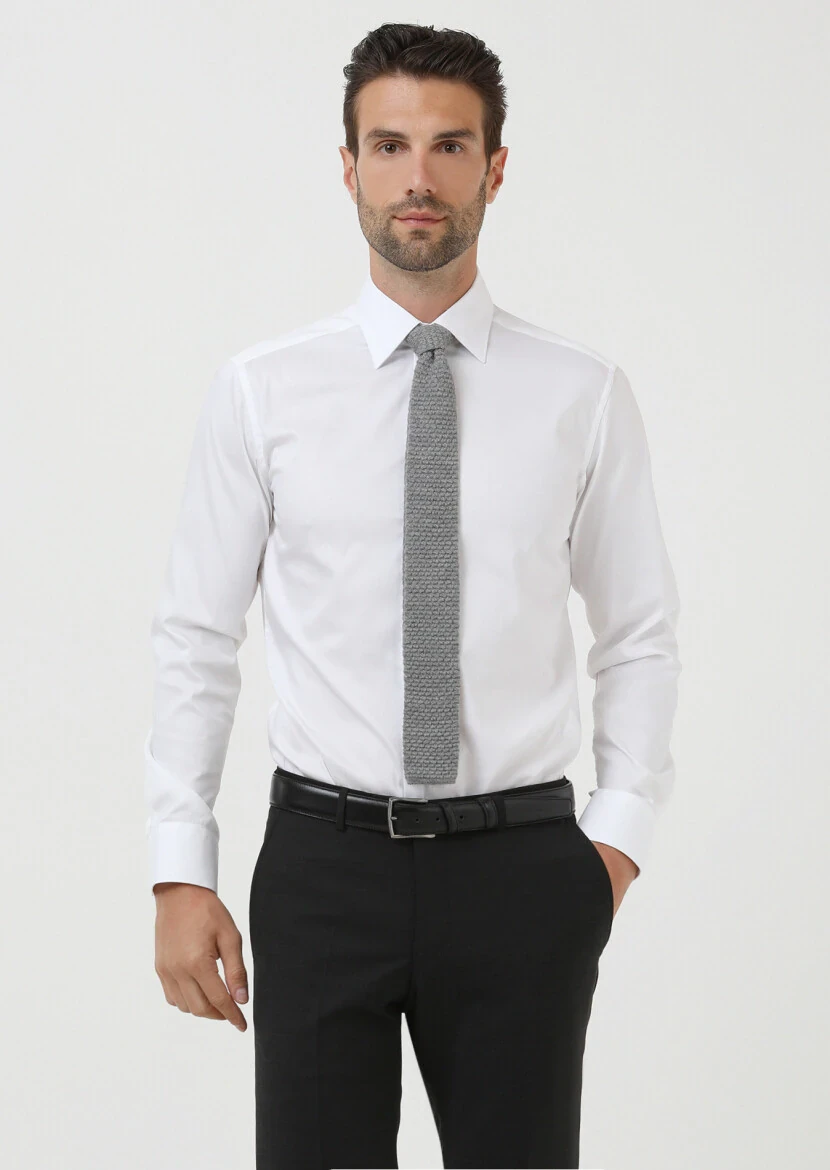 White Slim Fit Weaving Classical Cotton Blended Shirt - 1