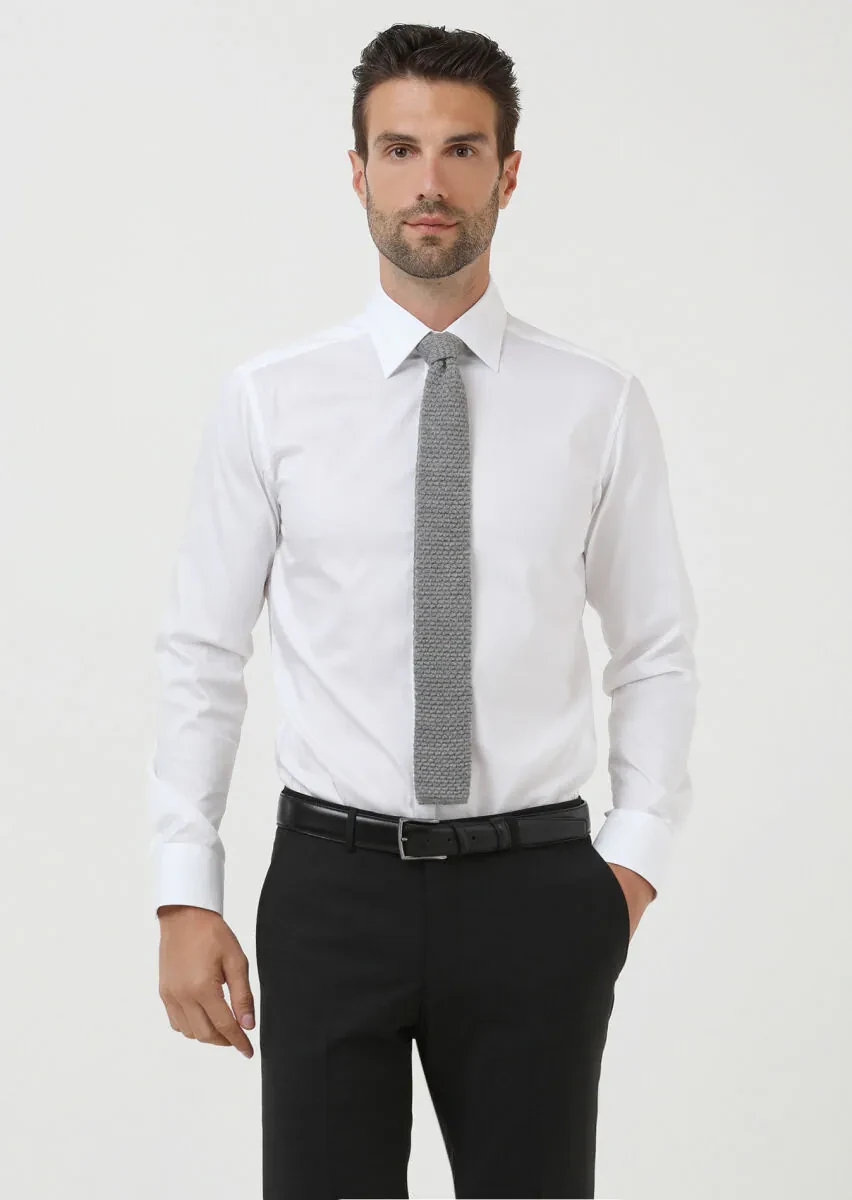 White Slim Fit Weaving Classical Cotton Blended Shirt - 1