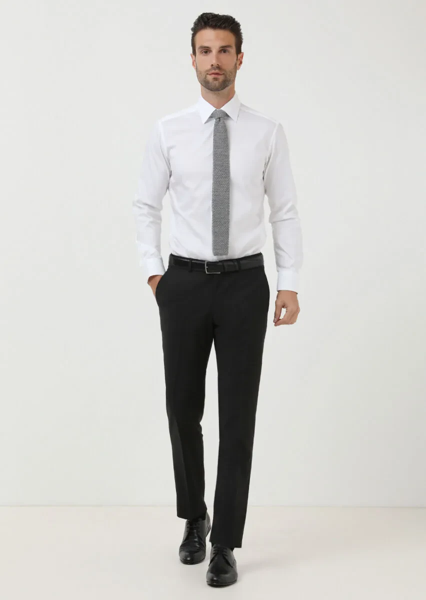 White Slim Fit Weaving Classical Cotton Blended Shirt - 2