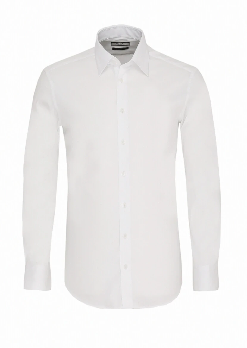 White Slim Fit Weaving Classical Cotton Blended Shirt - 1