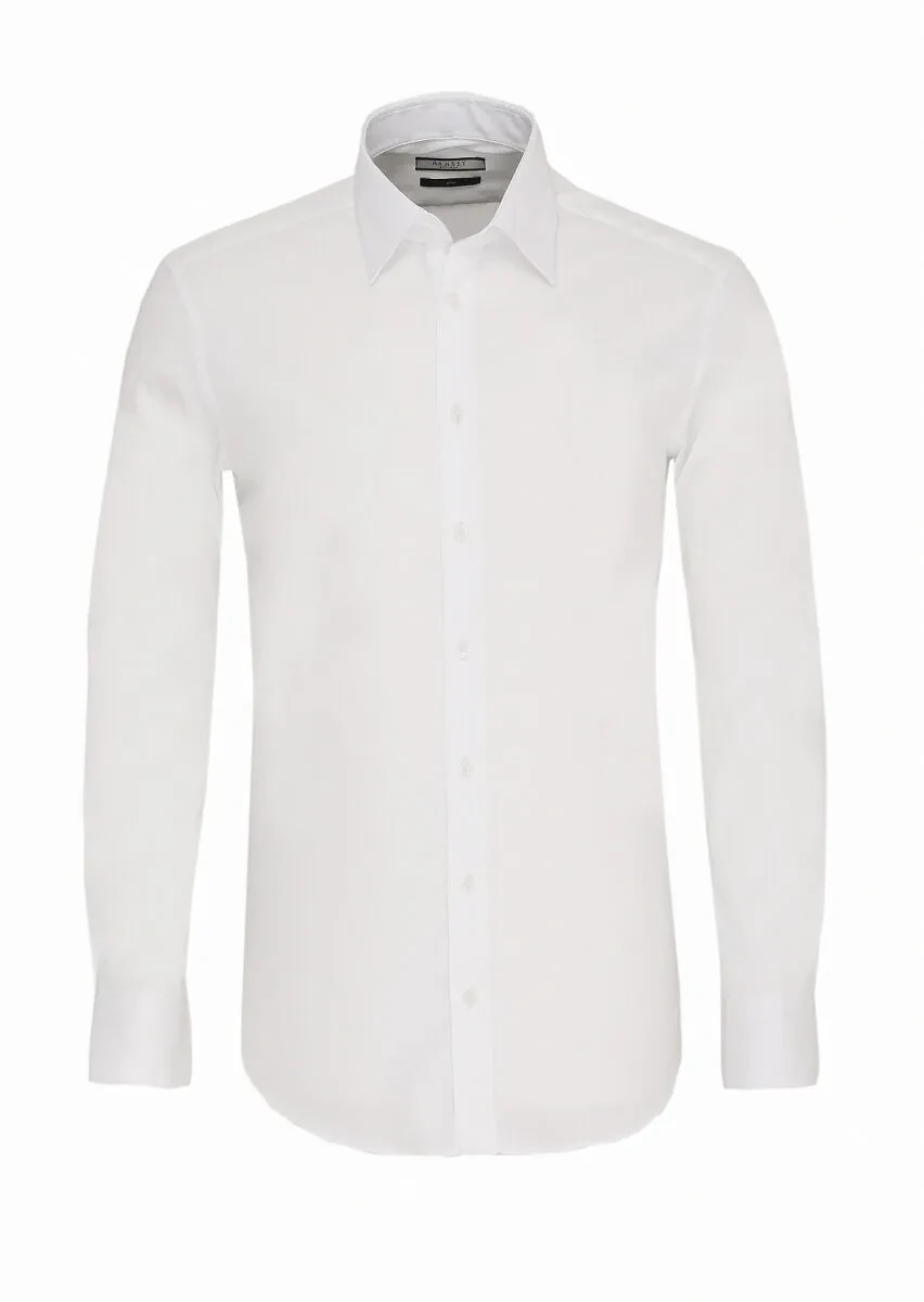 White Slim Fit Weaving Classical Cotton Blended Shirt - 1