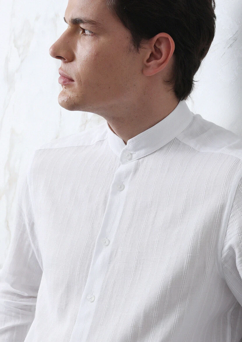 White Striped Regular Fit Weaving Casual 100% Cotton Shirt - 1