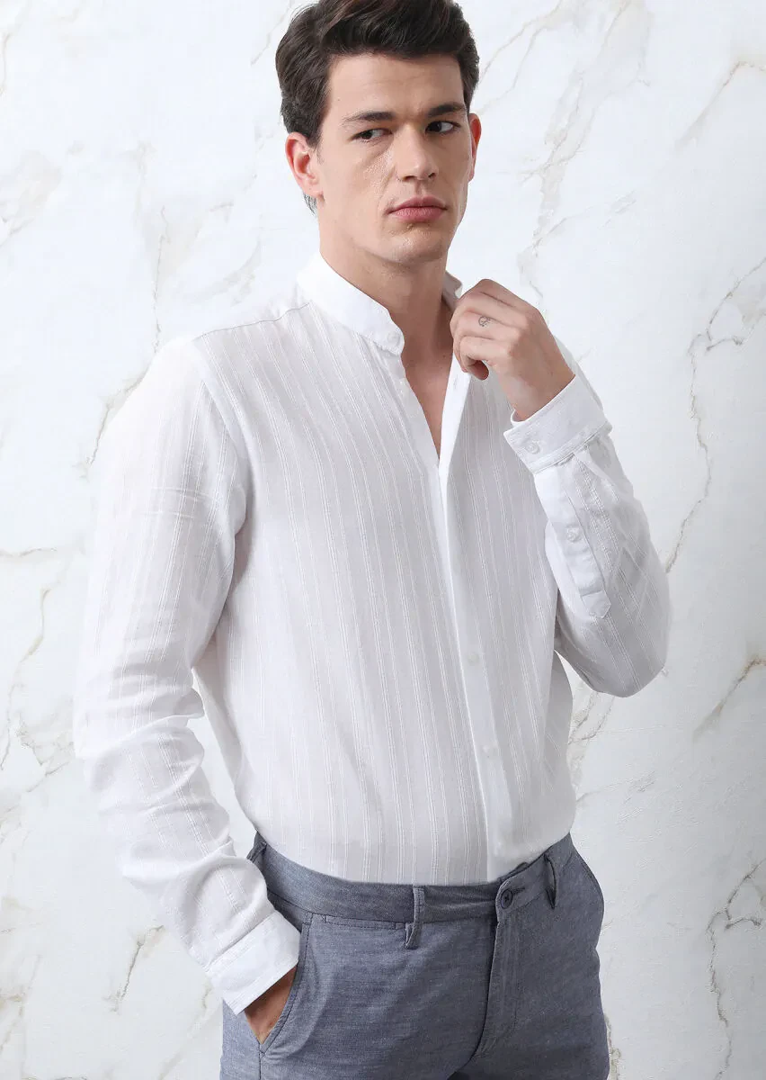 White Striped Regular Fit Weaving Casual 100% Cotton Shirt - 2