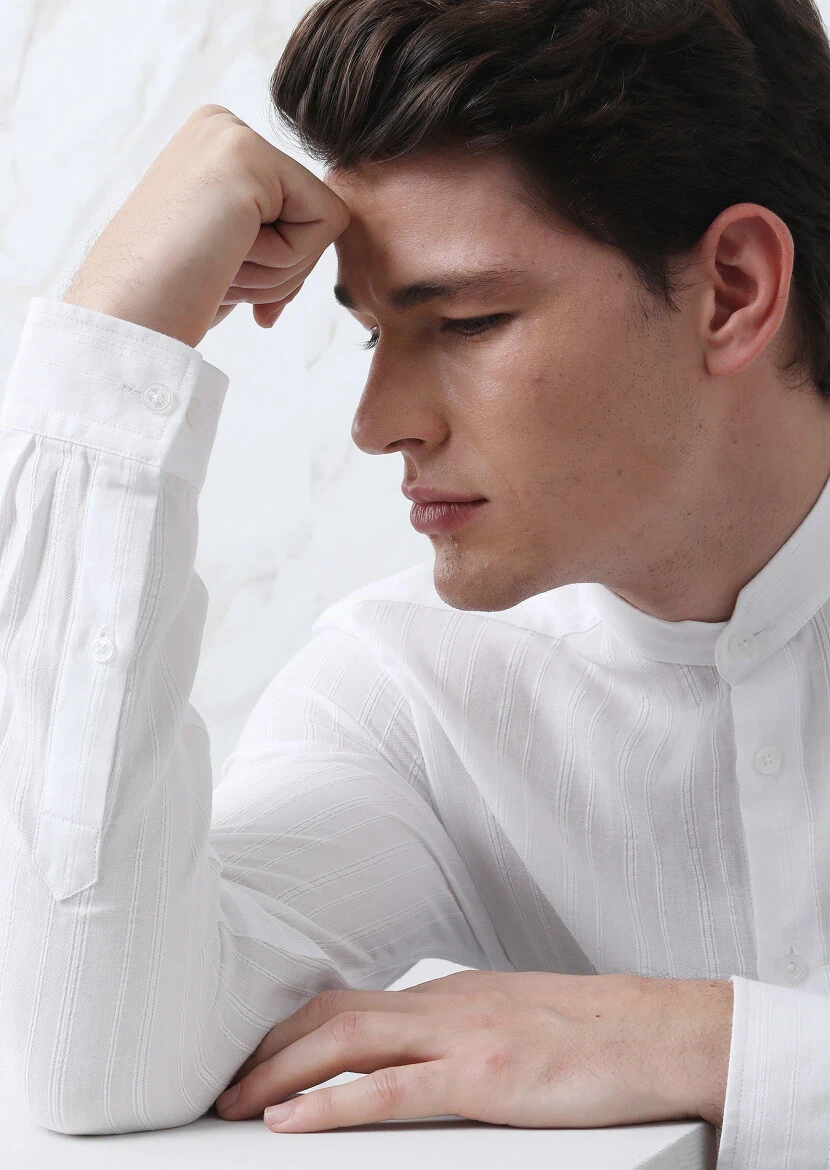 White Striped Regular Fit Weaving Casual 100% Cotton Shirt - 4