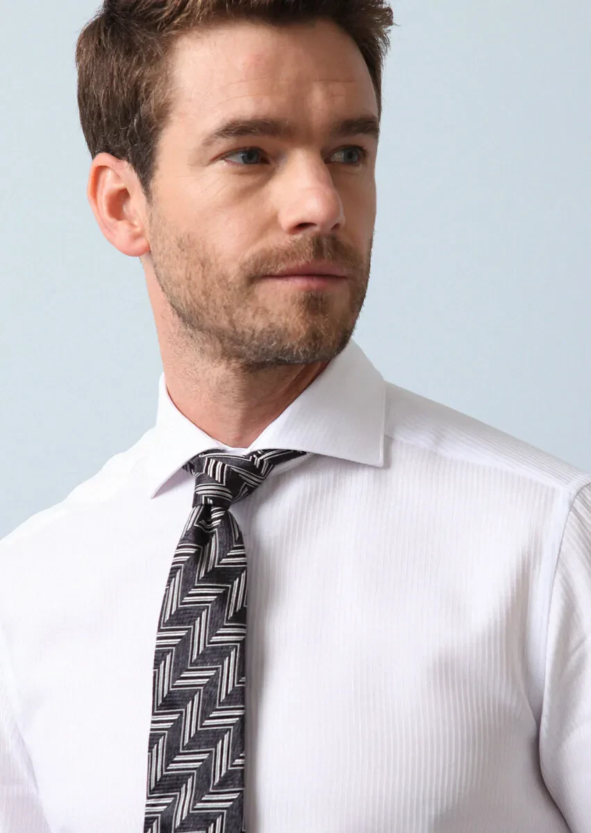 White Striped Regular Fit Weaving Classical 100% Cotton Shirt - 2