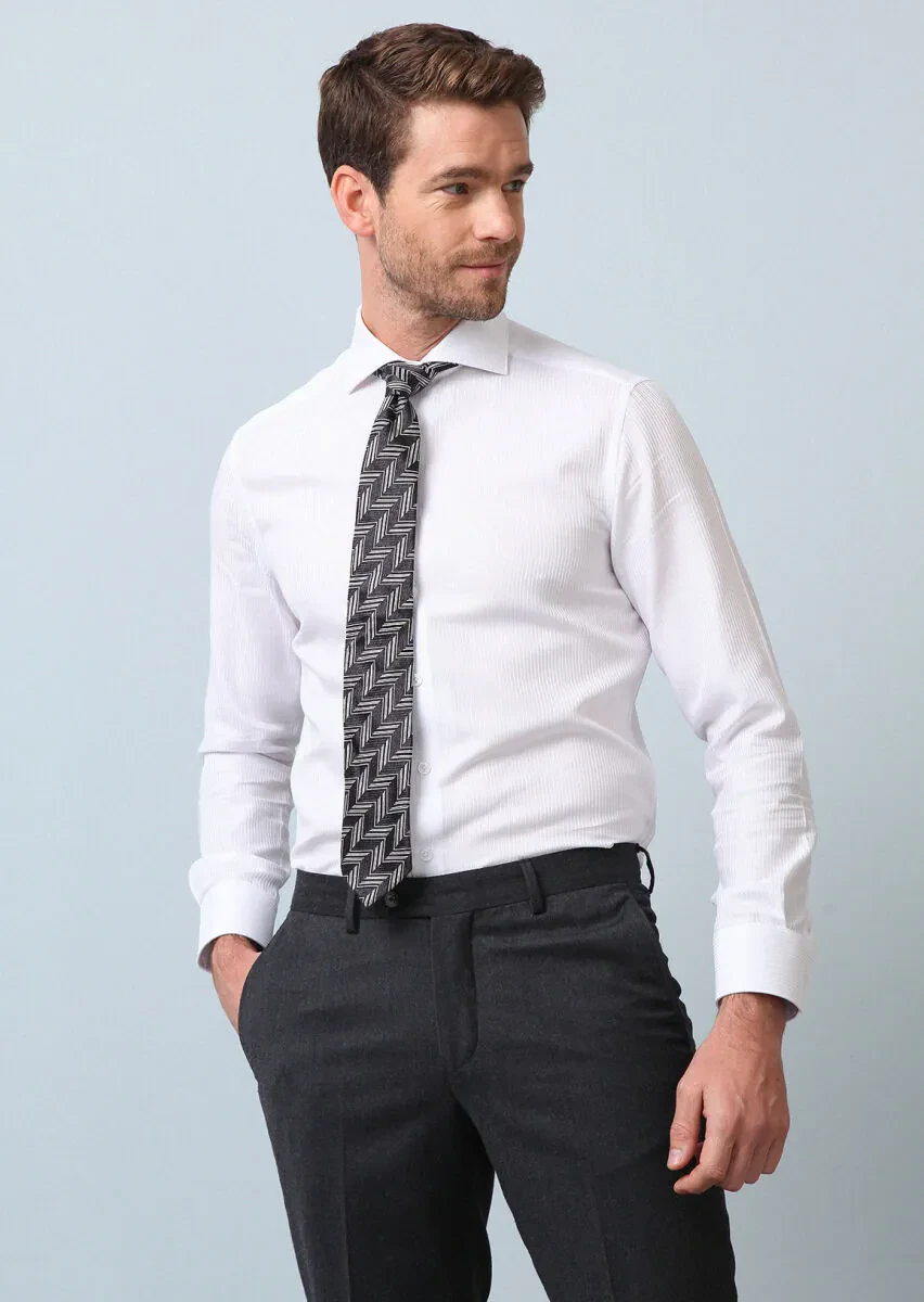 White Striped Regular Fit Weaving Classical 100% Cotton Shirt - 4