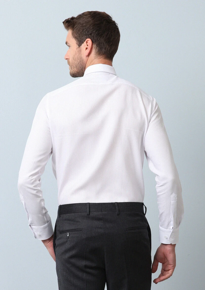 White Striped Regular Fit Weaving Classical 100% Cotton Shirt - 5