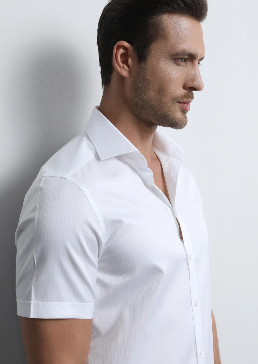 White Striped Regular Fit Weaving Classical 100% Cotton Shirt - 4